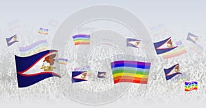 People waving Peace flags and flags of American Samoa. Illustration of throng celebrating or protesting with flag of American