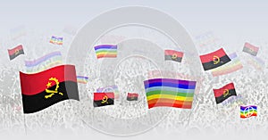People waving Peace flags and flags of Angola. Illustration of throng celebrating or protesting with flag of Angola and the peace