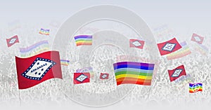 People waving Peace flags and flags of Arkansas. Illustration of throng celebrating or protesting with flag of Arkansas and the