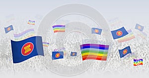People waving Peace flags and flags of ASEAN. Illustration of throng celebrating or protesting with flag of ASEAN and the peace