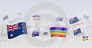 People waving Peace flags and flags of Australia. Illustration of throng celebrating or protesting with flag of Australia and the
