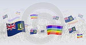 People waving Peace flags and flags of British Virgin Islands. Illustration of throng celebrating or protesting with flag of