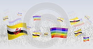 People waving Peace flags and flags of Brunei. Illustration of throng celebrating or protesting with flag of Brunei and the peace