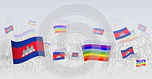 People waving Peace flags and flags of Cambodia. Illustration of throng celebrating or protesting with flag of Cambodia and the