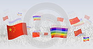 People waving Peace flags and flags of China. Illustration of throng celebrating or protesting with flag of China and the peace
