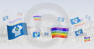 People waving Peace flags and flags of CIS. Illustration of throng celebrating or protesting with flag of CIS and the peace flag