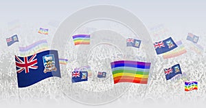 People waving Peace flags and flags of Falkland Islands. Illustration of throng celebrating or protesting with flag of Falkland