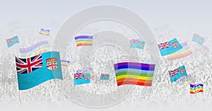 People waving Peace flags and flags of Fiji. Illustration of throng celebrating or protesting with flag of Fiji and the peace flag