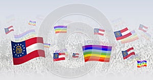 People waving Peace flags and flags of Georgia. Illustration of throng celebrating or protesting with flag of Georgia and the