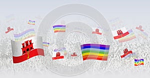 People waving Peace flags and flags of Gibraltar. Illustration of throng celebrating or protesting with flag of Gibraltar and the