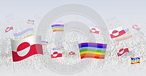 People waving Peace flags and flags of Greenland. Illustration of throng celebrating or protesting with flag of Greenland and the