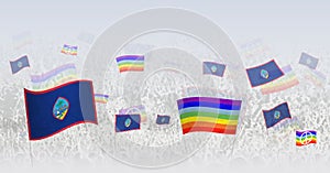 People waving Peace flags and flags of Guam. Illustration of throng celebrating or protesting with flag of Guam and the peace flag