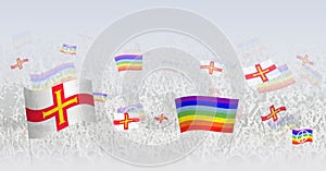 People waving Peace flags and flags of Guernsey. Illustration of throng celebrating or protesting with flag of Guernsey and the