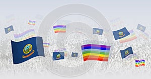 People waving Peace flags and flags of Idaho. Illustration of throng celebrating or protesting with flag of Idaho and the peace