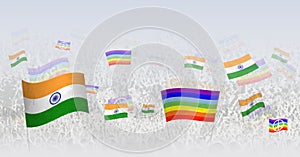 People waving Peace flags and flags of India. Illustration of throng celebrating or protesting with flag of India and the peace