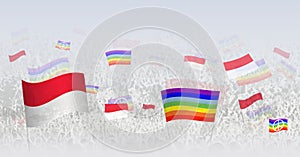 People waving Peace flags and flags of Indonesia. Illustration of throng celebrating or protesting with flag of Indonesia and the