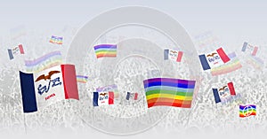 People waving Peace flags and flags of Iowa. Illustration of throng celebrating or protesting with flag of Iowa and the peace flag