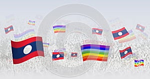 People waving Peace flags and flags of Laos. Illustration of throng celebrating or protesting with flag of Laos and the peace flag