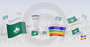 People waving Peace flags and flags of Macau. Illustration of throng celebrating or protesting with flag of Macau and the peace