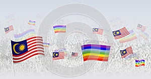 People waving Peace flags and flags of Malaysia. Illustration of throng celebrating or protesting with flag of Malaysia and the