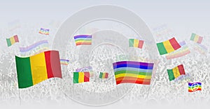People waving Peace flags and flags of Mali. Illustration of throng celebrating or protesting with flag of Mali and the peace flag