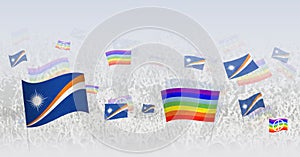 People waving Peace flags and flags of Marshall Islands. Illustration of throng celebrating or protesting with flag of Marshall