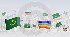 People waving Peace flags and flags of Mauritania. Illustration of throng celebrating or protesting with flag of Mauritania and