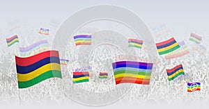 People waving Peace flags and flags of Mauritius. Illustration of throng celebrating or protesting with flag of Mauritius and the