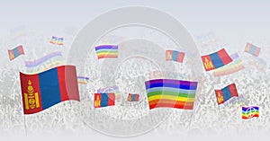 People waving Peace flags and flags of Mongolia. Illustration of throng celebrating or protesting with flag of Mongolia and the