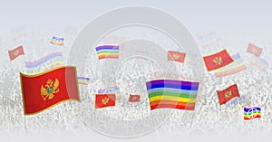 People waving Peace flags and flags of Montenegro. Illustration of throng celebrating or protesting with flag of Montenegro and