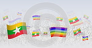 People waving Peace flags and flags of Myanmar. Illustration of throng celebrating or protesting with flag of Myanmar and the
