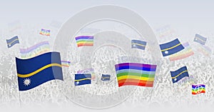 People waving Peace flags and flags of Nauru. Illustration of throng celebrating or protesting with flag of Nauru and the peace