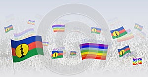 People waving Peace flags and flags of New Caledonia. Illustration of throng celebrating or protesting with flag of New Caledonia