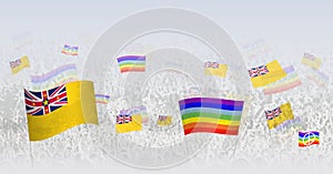 People waving Peace flags and flags of Niue. Illustration of throng celebrating or protesting with flag of Niue and the peace flag