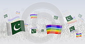 People waving Peace flags and flags of Pakistan. Illustration of throng celebrating or protesting with flag of Pakistan and the