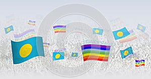 People waving Peace flags and flags of Palau. Illustration of throng celebrating or protesting with flag of Palau and the peace