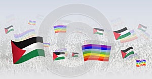People waving Peace flags and flags of Palestine. Illustration of throng celebrating or protesting with flag of Palestine and the