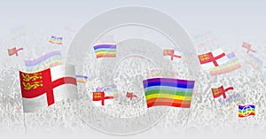 People waving Peace flags and flags of Sark. Illustration of throng celebrating or protesting with flag of Sark and the peace flag