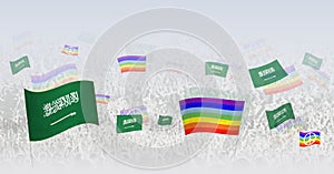 People waving Peace flags and flags of Saudi Arabia. Illustration of throng celebrating or protesting with flag of Saudi Arabia