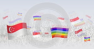 People waving Peace flags and flags of Singapore. Illustration of throng celebrating or protesting with flag of Singapore and the