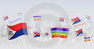 People waving Peace flags and flags of Sint Maarten. Illustration of throng celebrating or protesting with flag of Sint Maarten