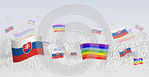 People waving Peace flags and flags of Slovakia. Illustration of throng celebrating or protesting with flag of Slovakia and the
