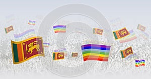 People waving Peace flags and flags of Sri Lanka. Illustration of throng celebrating or protesting with flag of Sri Lanka and the