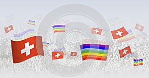 People waving Peace flags and flags of Switzerland. Illustration of throng celebrating or protesting with flag of Switzerland and