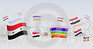 People waving Peace flags and flags of Syria. Illustration of throng celebrating or protesting with flag of Syria and the peace