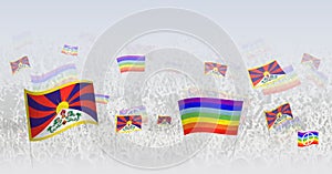 People waving Peace flags and flags of Tibet. Illustration of throng celebrating or protesting with flag of Tibet and the peace