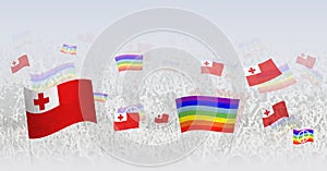 People waving Peace flags and flags of Tonga. Illustration of throng celebrating or protesting with flag of Tonga and the peace