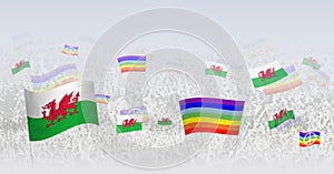 People waving Peace flags and flags of Wales. Illustration of throng celebrating or protesting with flag of Wales and the peace