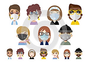 People wearing dust masks on white background vector illustration