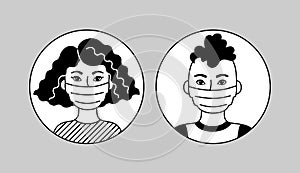 People Wearing Face Mask, African Man And Woman. Black And White Vector Pictogram, Simple Flat Icon. Medical Respirators